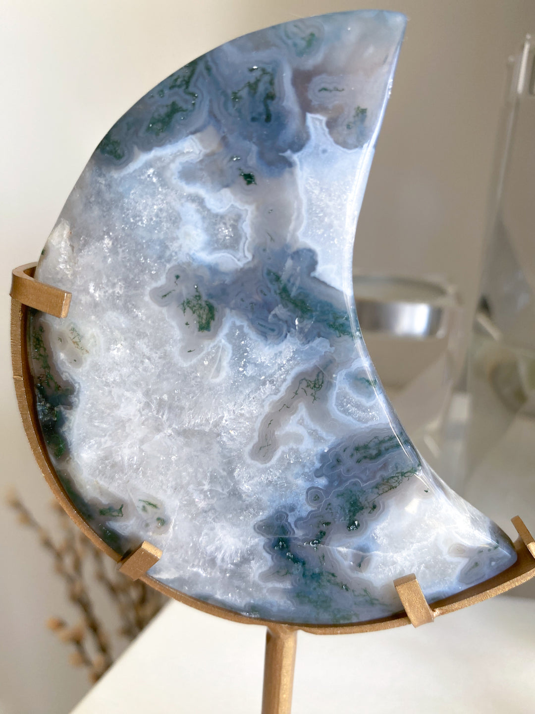 Green Moss Agate Moon on Custom Stand #2