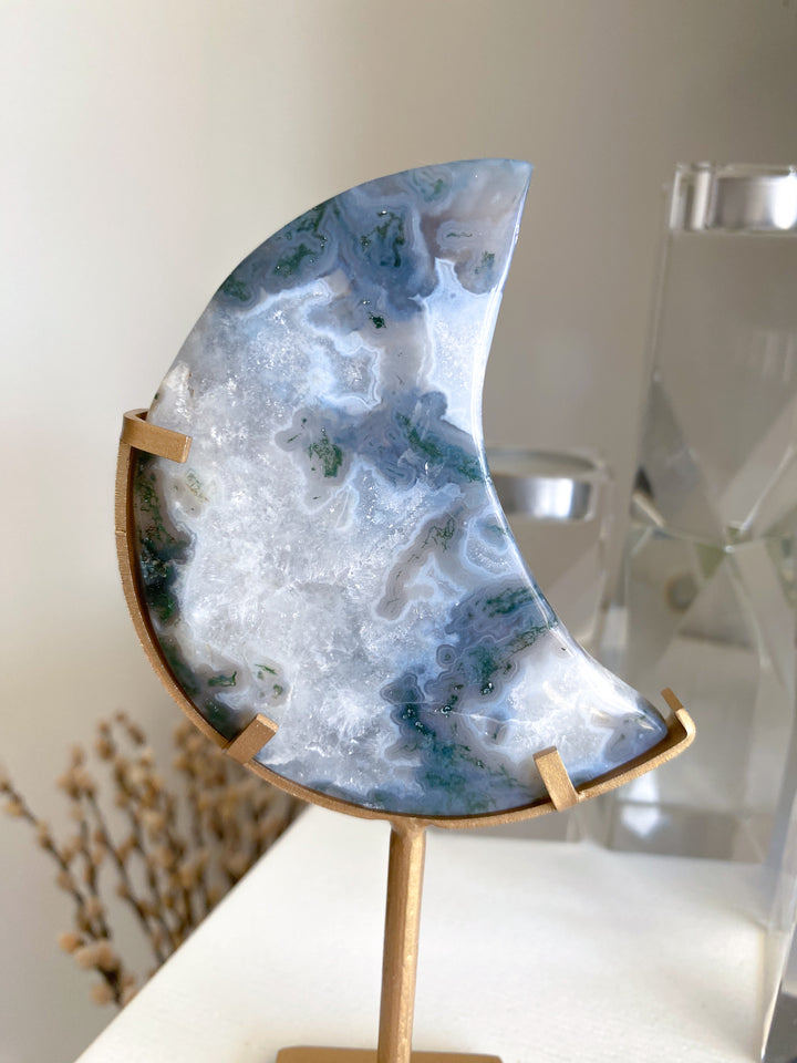 Green Moss Agate Moon on Custom Stand #2