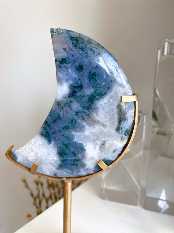 Green Moss Agate Moon on Custom Stand #2