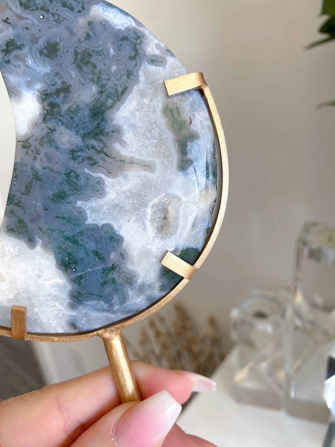 Green Moss Agate Moon on Custom Stand #2