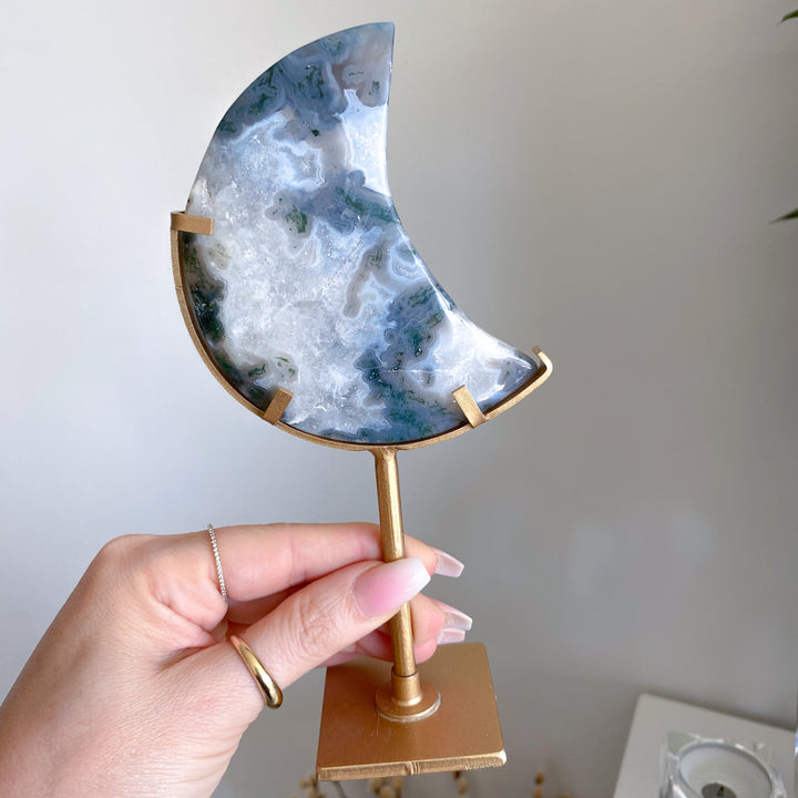 Green Moss Agate Moon on Custom Stand #2