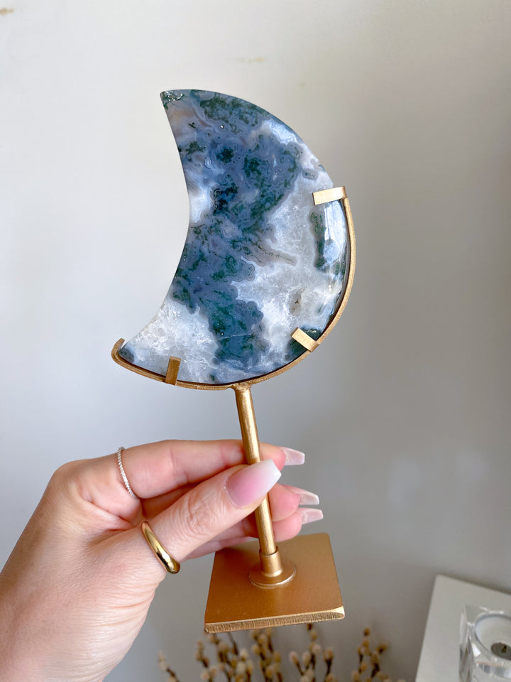 Green Moss Agate Moon on Custom Stand #2