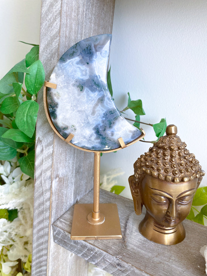 Green Moss Agate Moon on Custom Stand #2