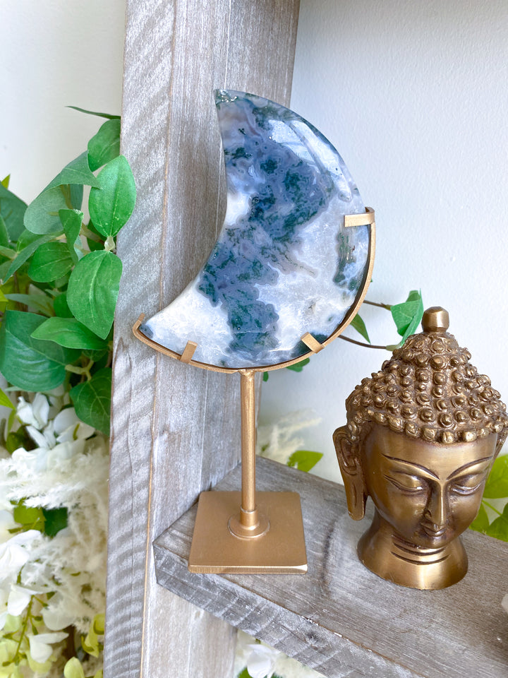 Green Moss Agate Moon on Custom Stand #2
