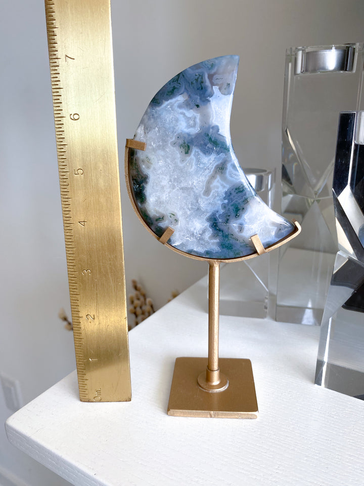 Green Moss Agate Moon on Custom Stand #2