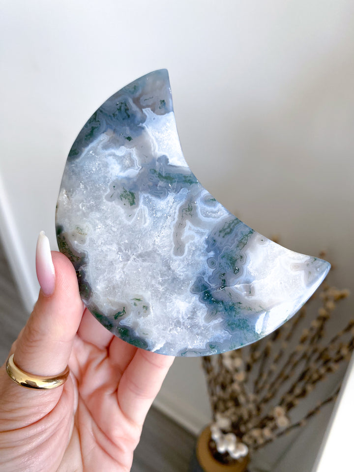 Green Moss Agate Moon on Custom Stand #2