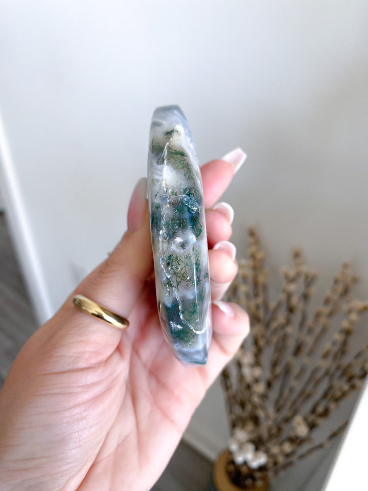 Green Moss Agate Moon on Custom Stand #2