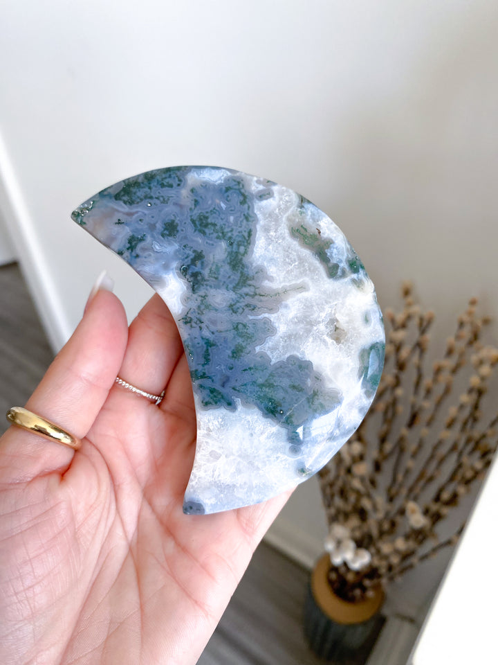 Green Moss Agate Moon on Custom Stand #2