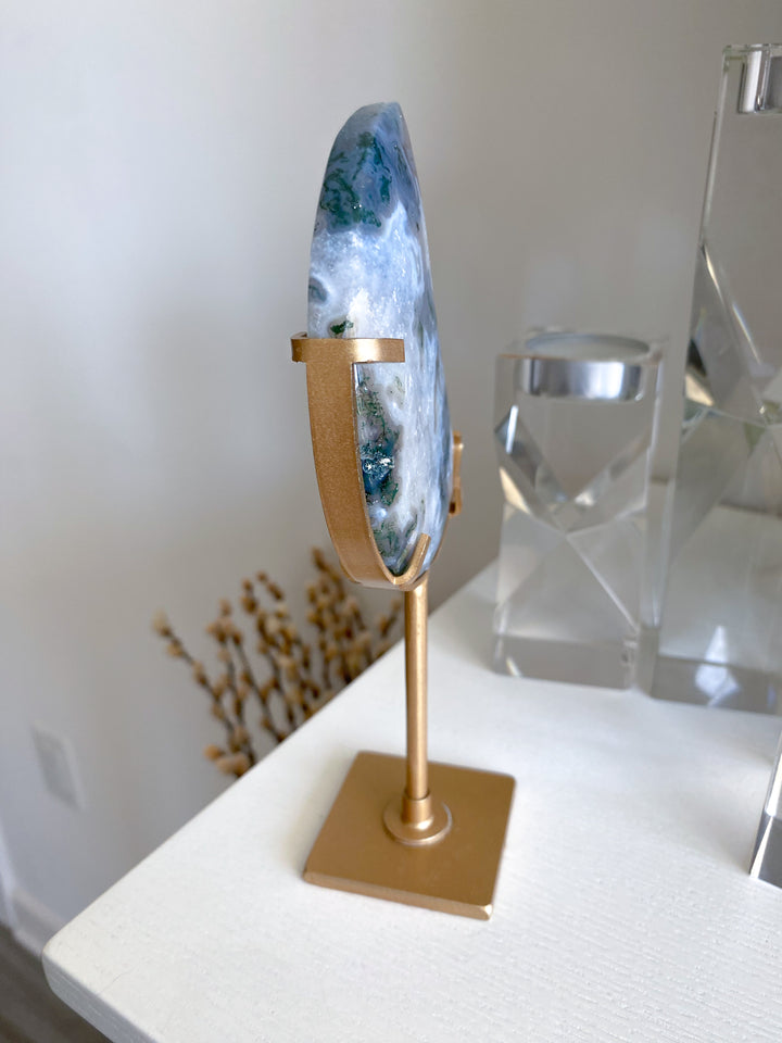 Green Moss Agate Moon on Custom Stand #2