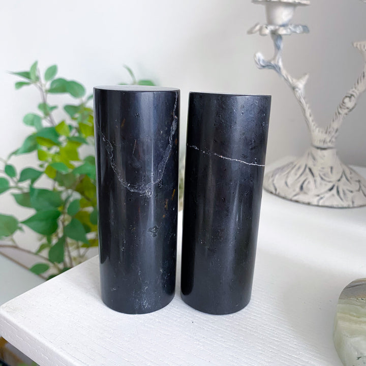 Set: Two Black Tourmaline Cylinder Meditation Chargers