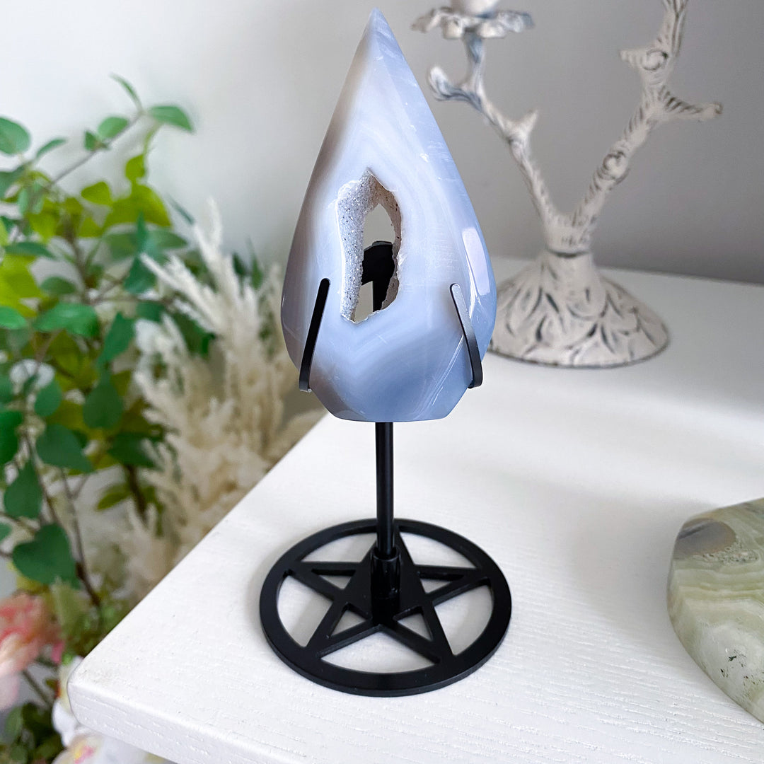 Blue Agate Druzy Flame on Pentacle Stand 