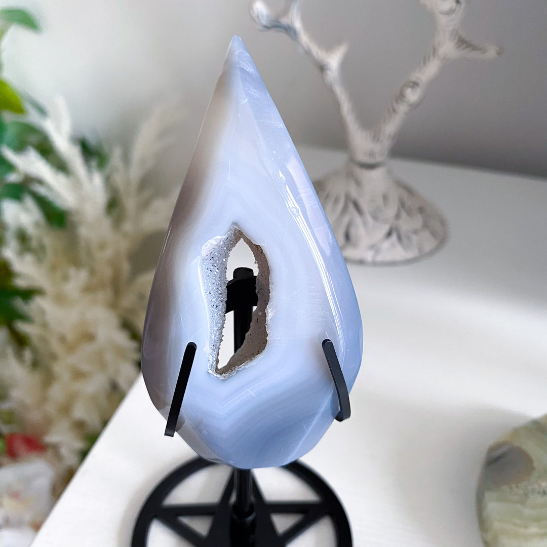 Blue Agate Druzy Flame on Pentacle Stand 