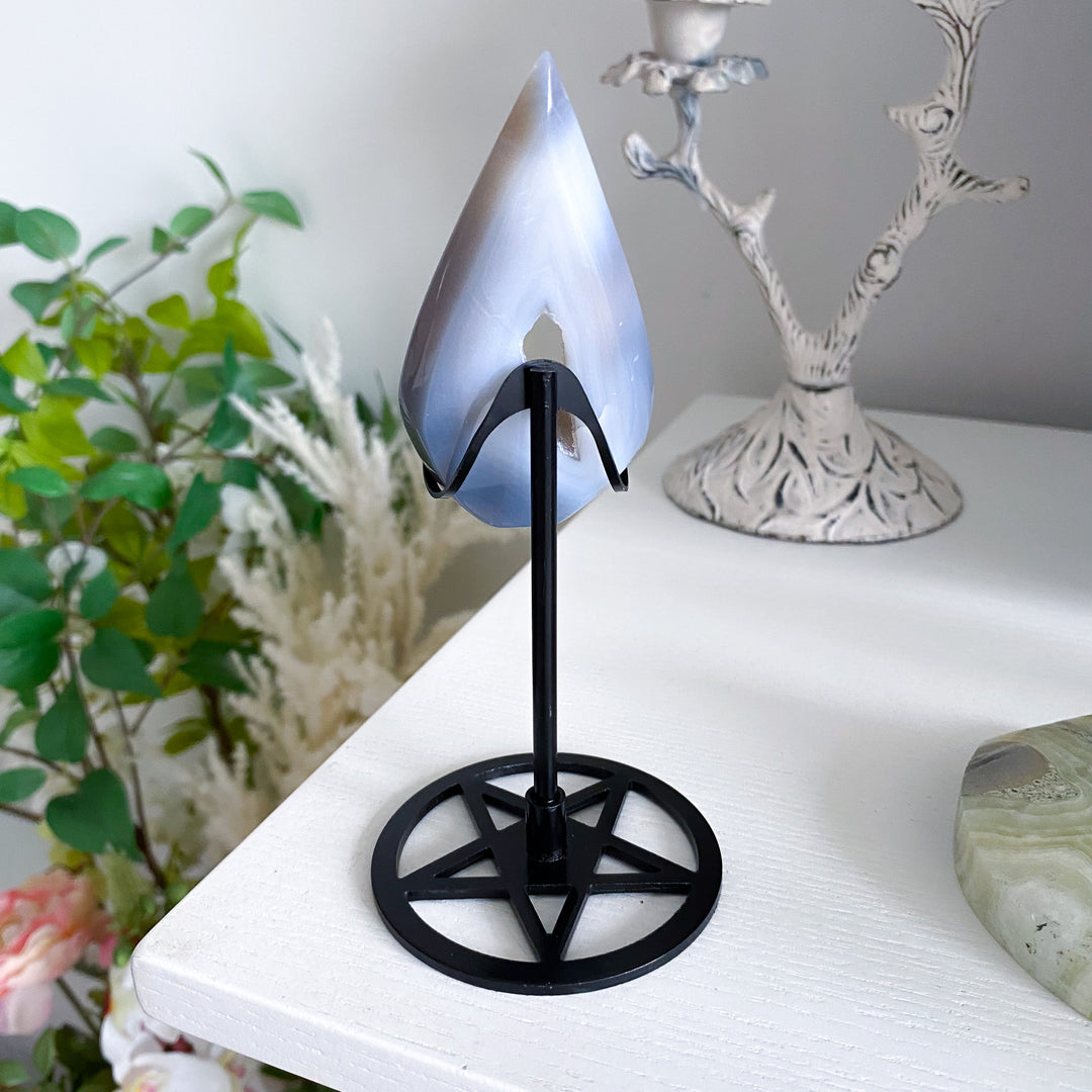 Blue Agate Druzy Flame on Pentacle Stand 
