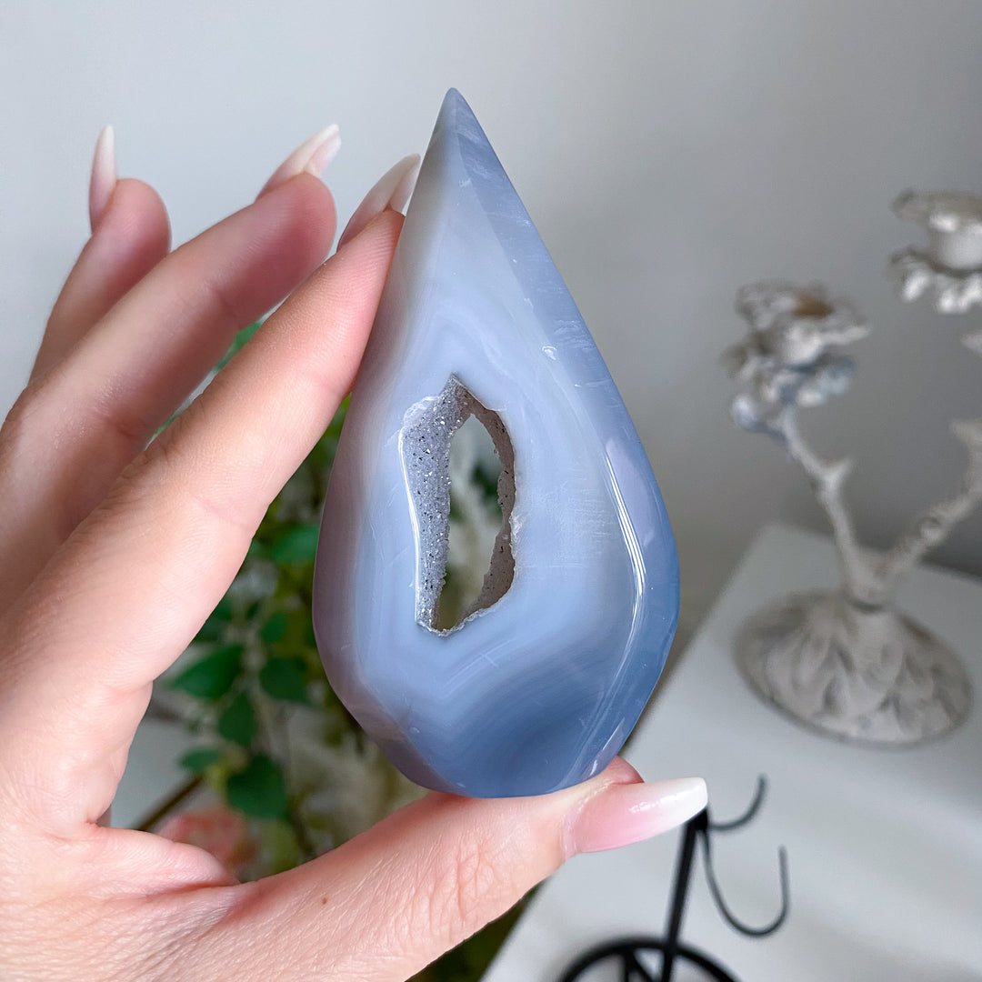 Blue Agate Druzy Flame on Pentacle Stand 