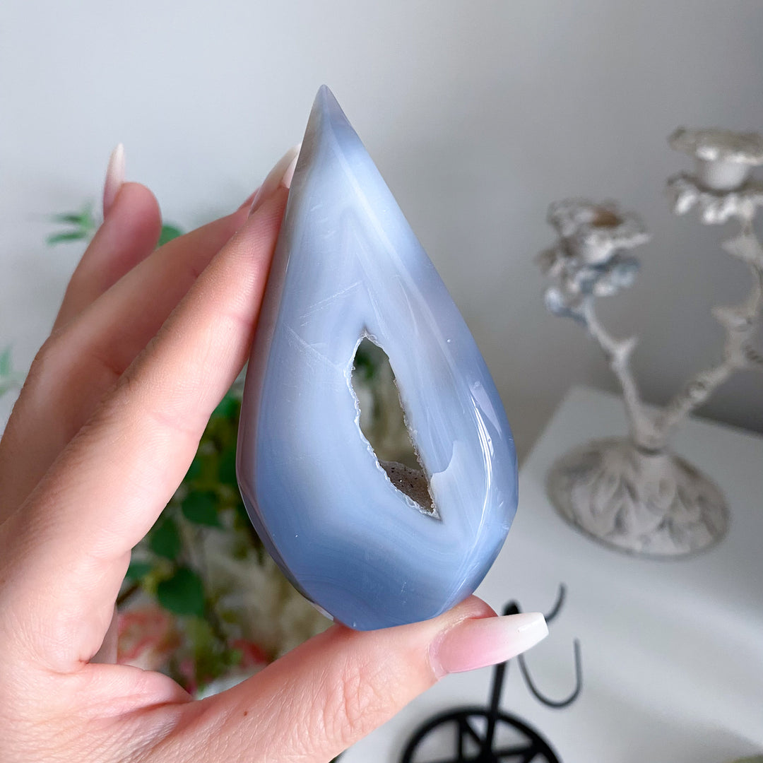 Blue Agate Druzy Flame on Pentacle Stand 