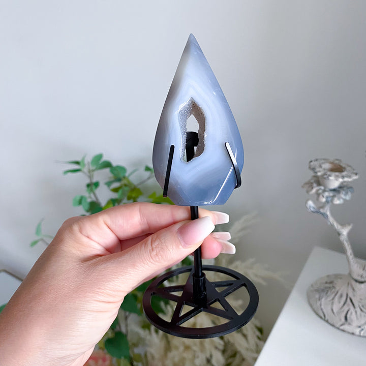 Blue Agate Druzy Flame on Pentacle Stand 