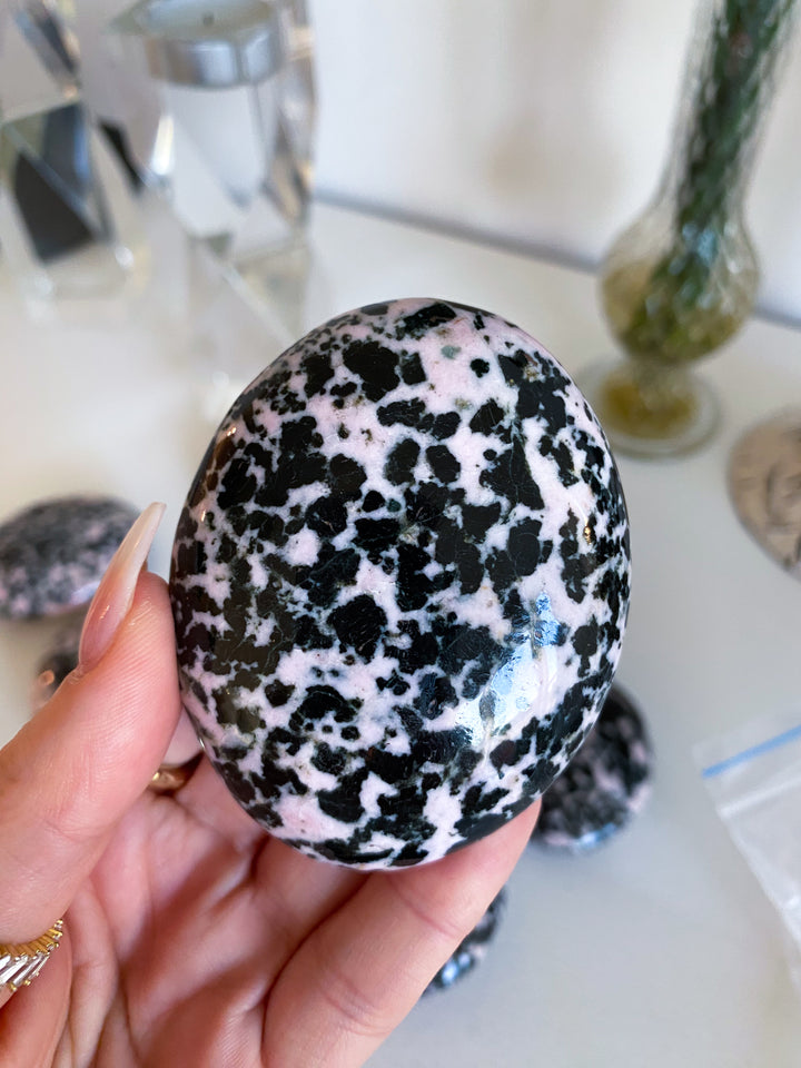Snowflake Rhodonite Palm Stone