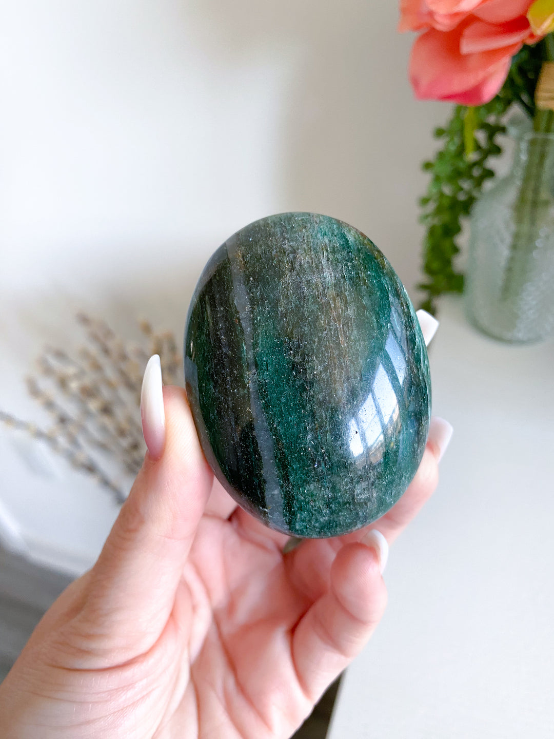 Stripey Dark Green Aventurine & Quartz Palm Stone - Get Exact Palm