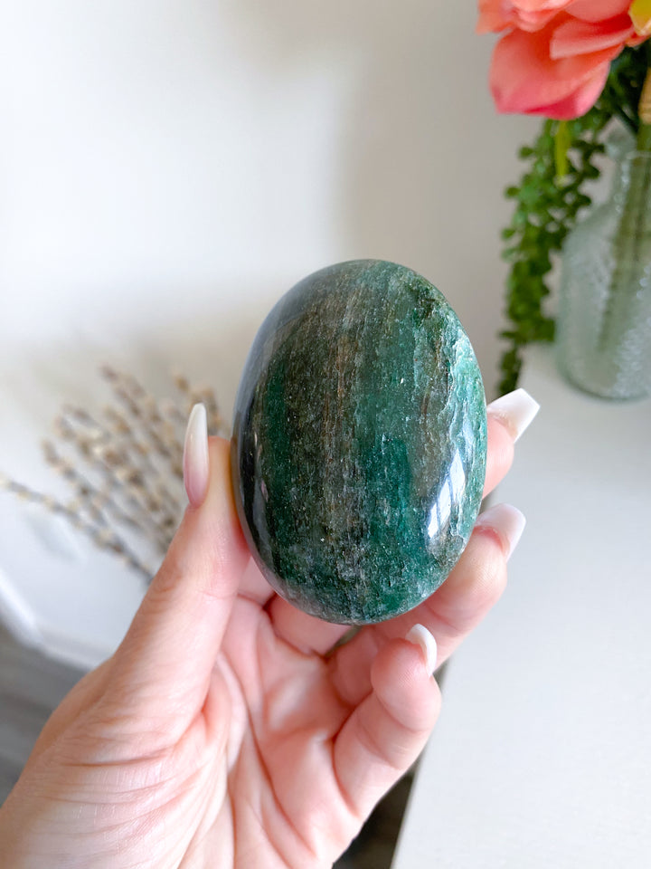 Stripey Dark Green Aventurine & Quartz Palm Stone - Get Exact Palm