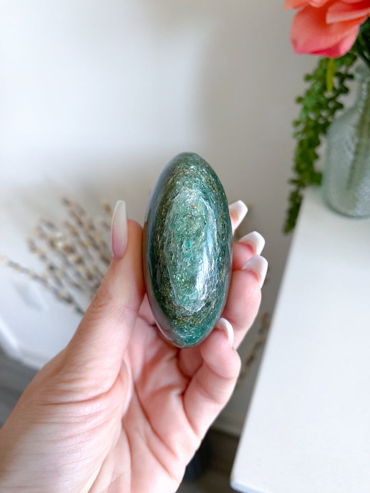Stripey Dark Green Aventurine & Quartz Palm Stone - Get Exact Palm