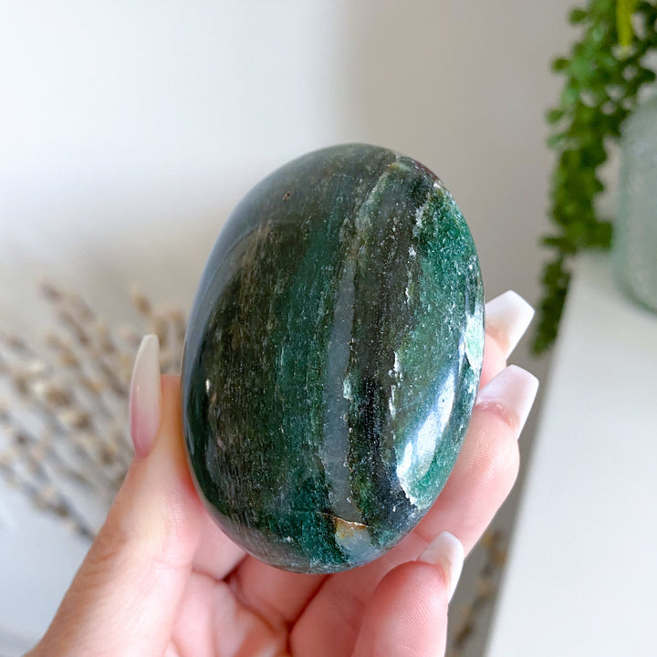Stripey Dark Green Aventurine & Quartz Palm Stone - Get Exact Palm