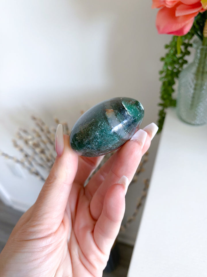Stripey Dark Green Aventurine & Quartz Palm Stone - Get Exact Palm