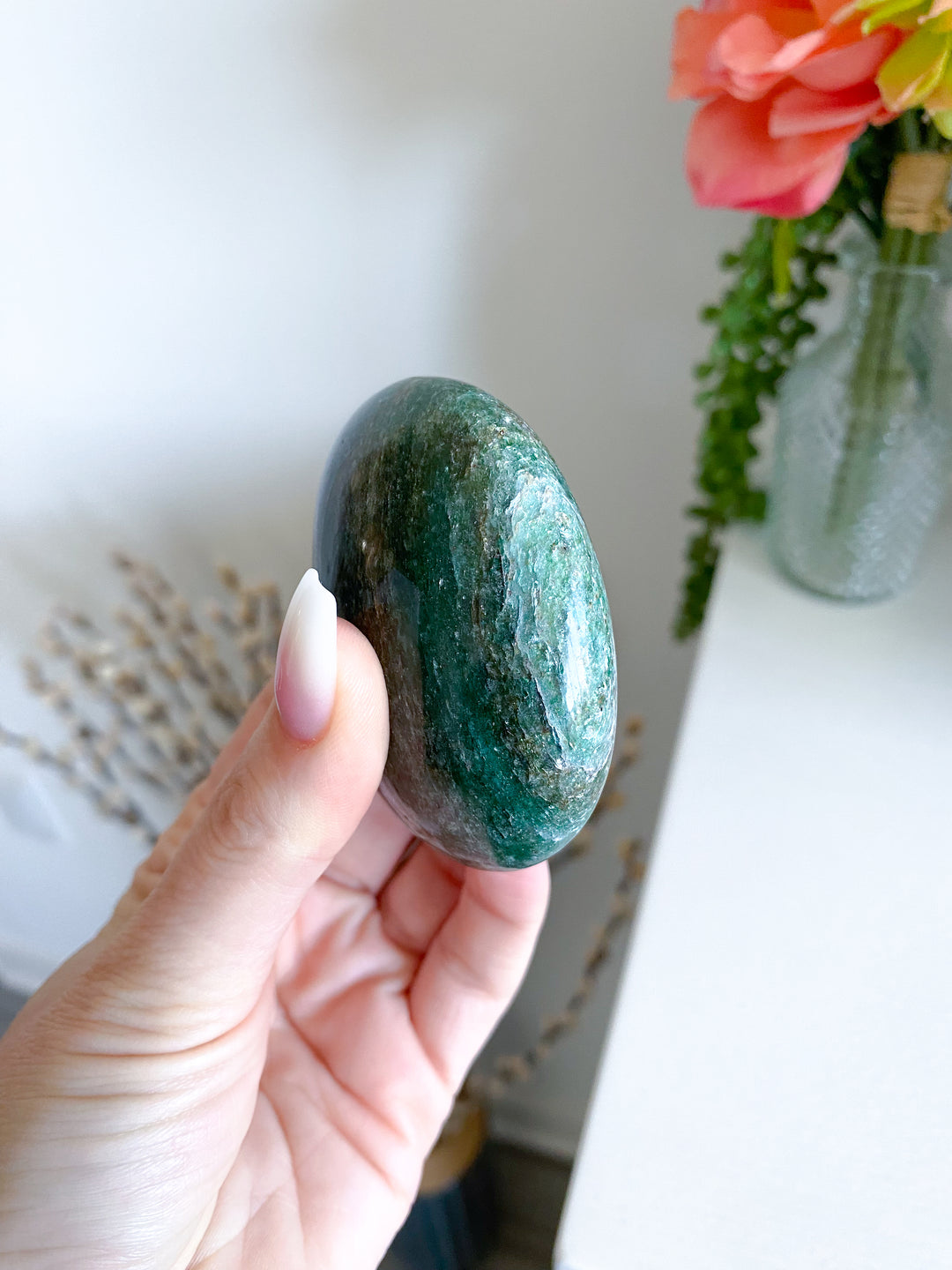 Stripey Dark Green Aventurine & Quartz Palm Stone - Get Exact Palm