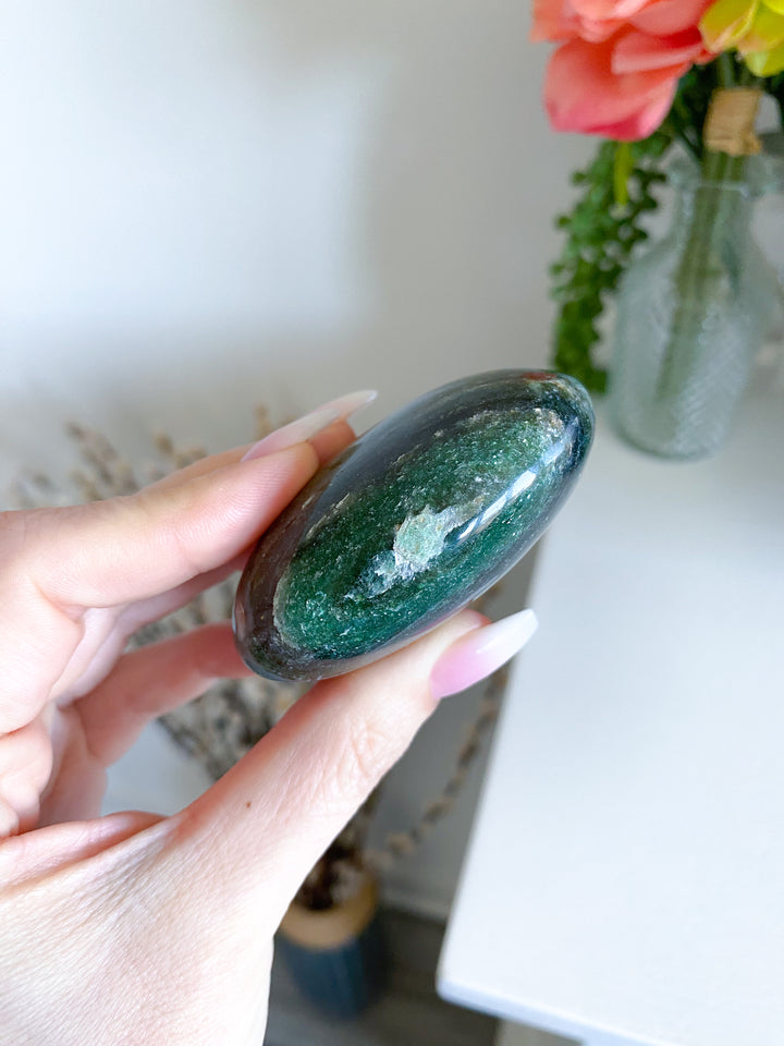 Stripey Dark Green Aventurine & Quartz Palm Stone - Get Exact Palm