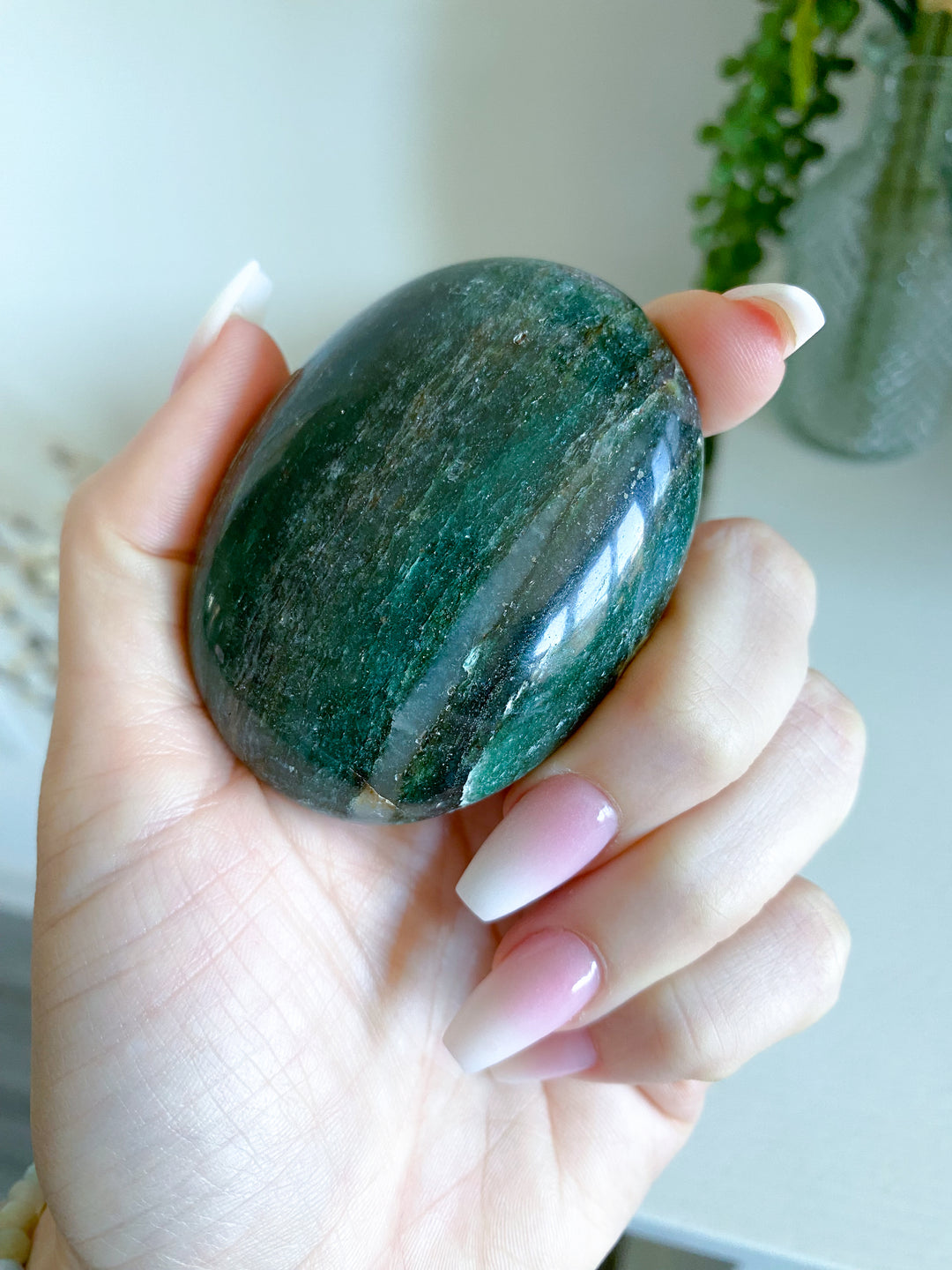 Stripey Dark Green Aventurine & Quartz Palm Stone - Get Exact Palm
