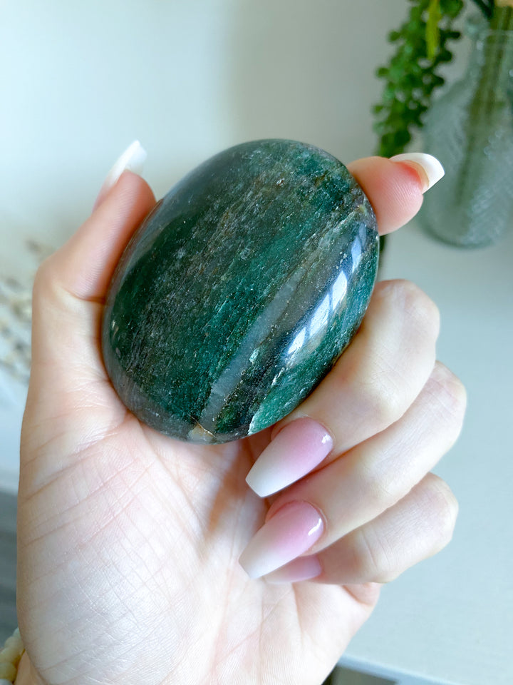 Stripey Dark Green Aventurine & Quartz Palm Stone - Get Exact Palm