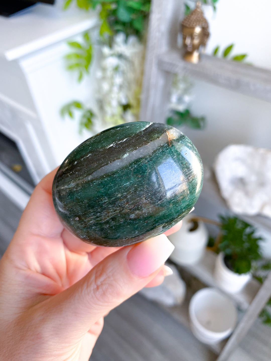 Stripey Dark Green Aventurine & Quartz Palm Stone - Get Exact Palm