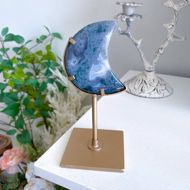 Misty Blue Moss Agate Moon on Gold Stand 