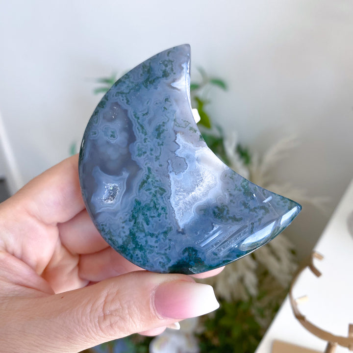 Misty Blue Moss Agate Moon on Gold Stand 