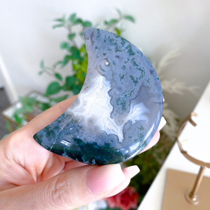 Misty Blue Moss Agate Moon on Gold Stand 