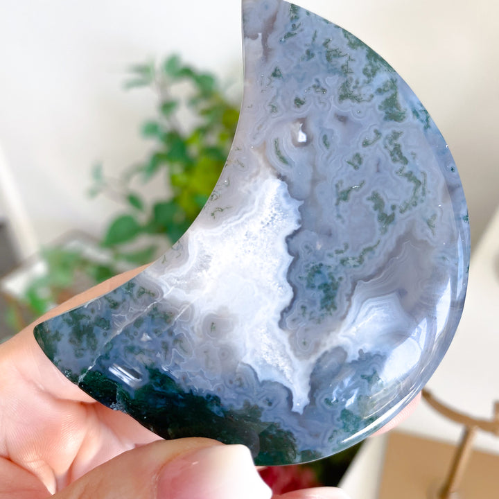 Misty Blue Moss Agate Moon on Gold Stand 