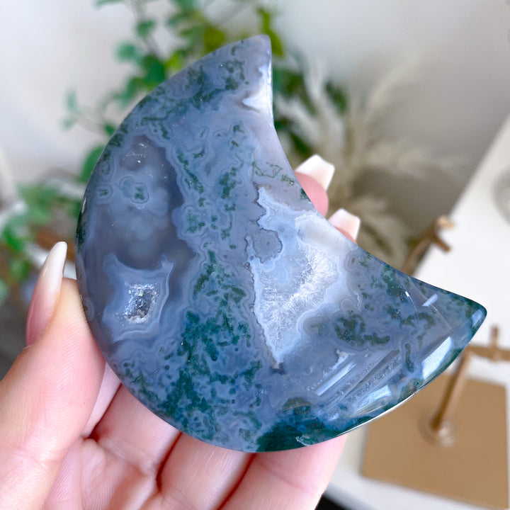 Misty Blue Moss Agate Moon on Gold Stand 