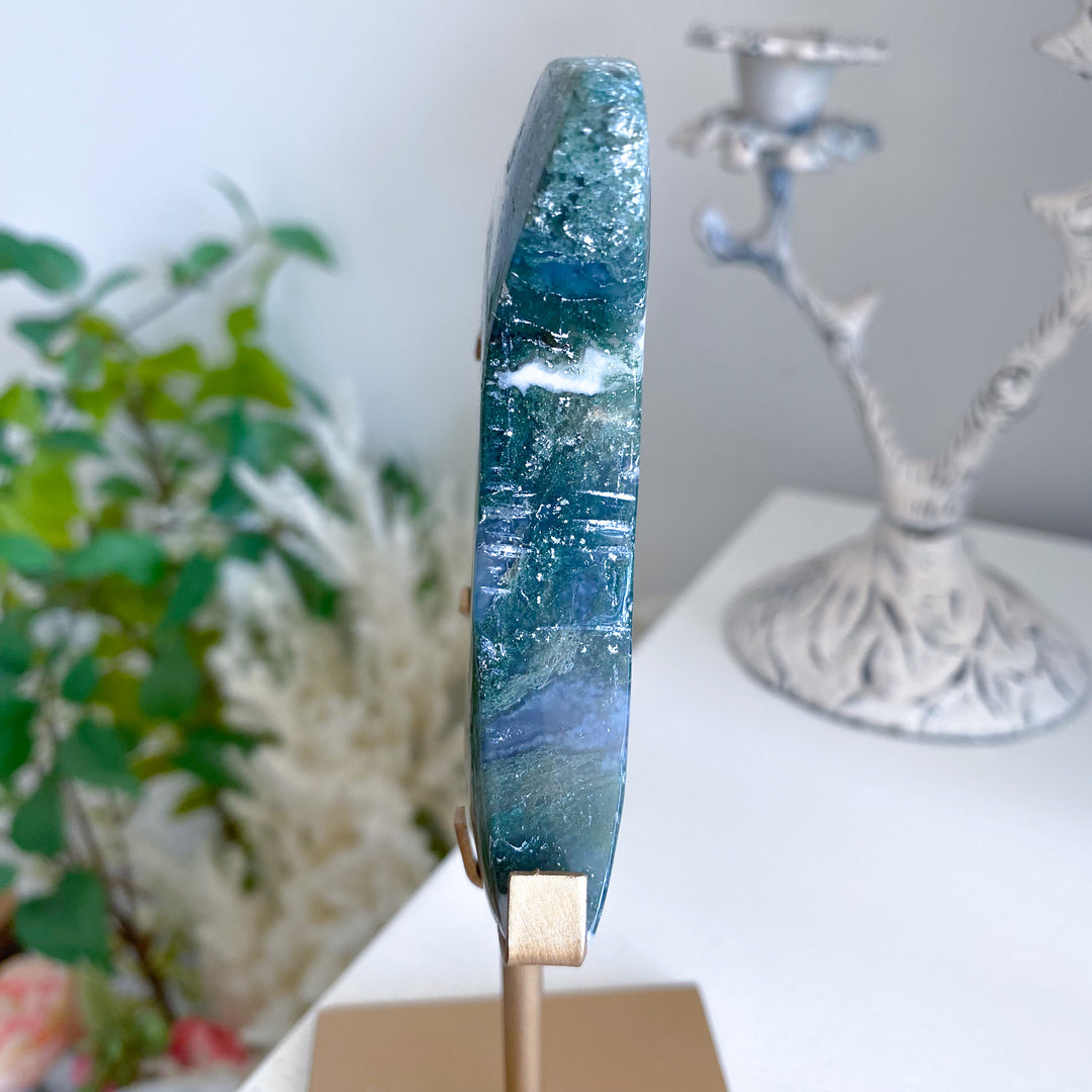 Deep Green Moss Agate Moon on Gold Stand 