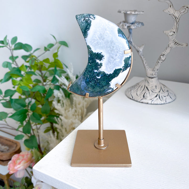 Deep Green Moss Agate Moon on Gold Stand 