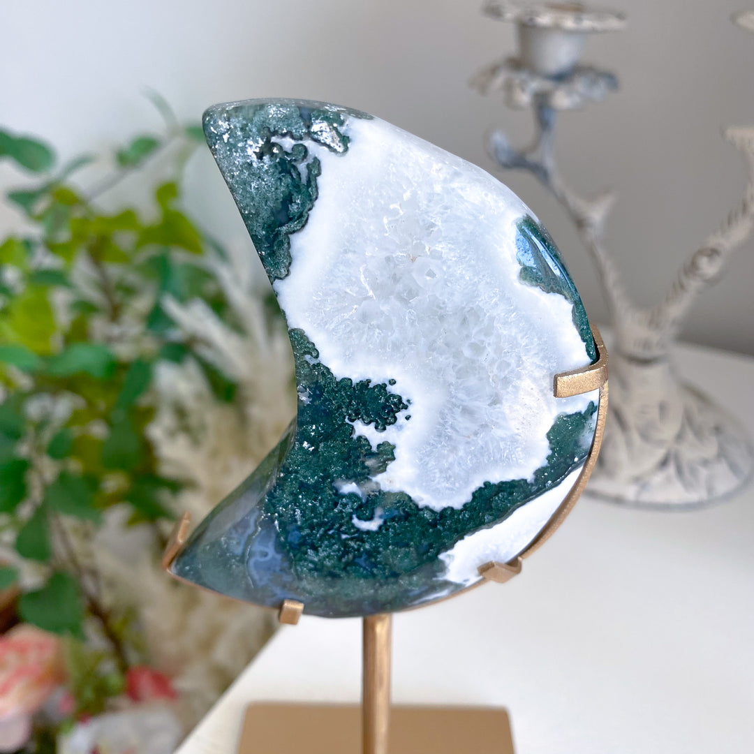 Deep Green Moss Agate Moon on Gold Stand 