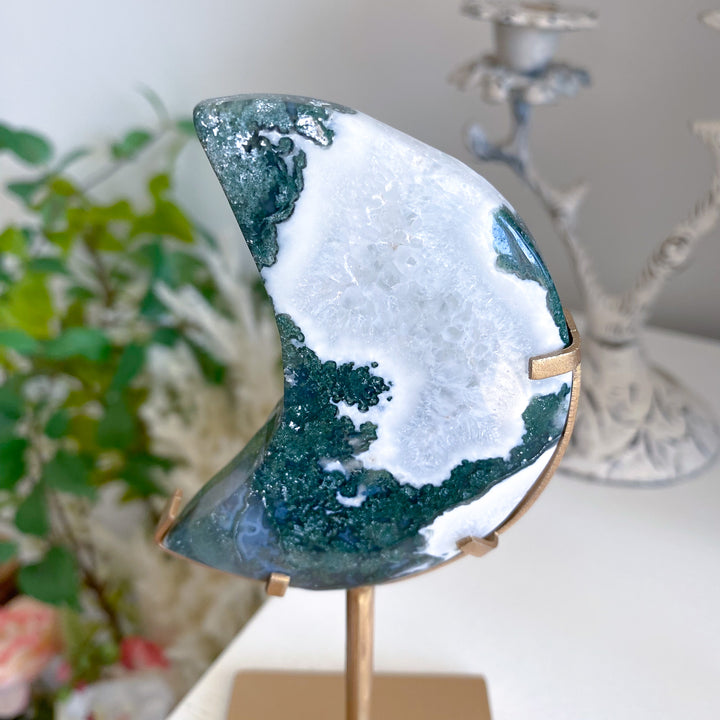 Deep Green Moss Agate Moon on Gold Stand 