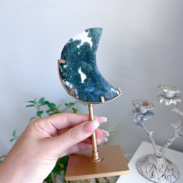 Deep Green Moss Agate Moon on Gold Stand 
