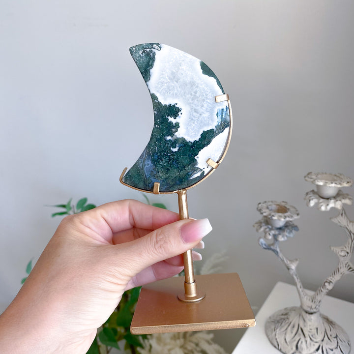 Deep Green Moss Agate Moon on Gold Stand 