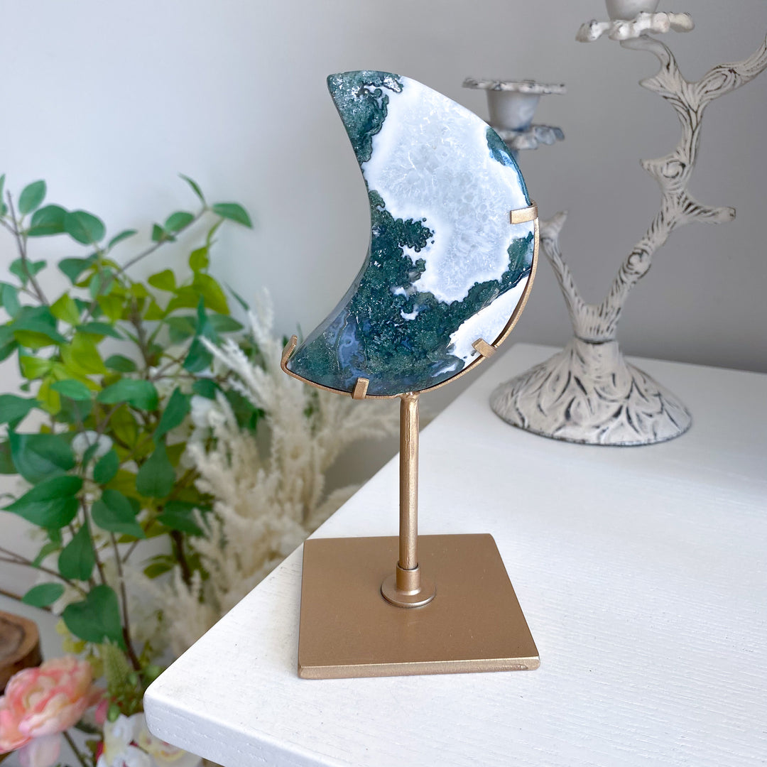 Deep Green Moss Agate Moon on Gold Stand 