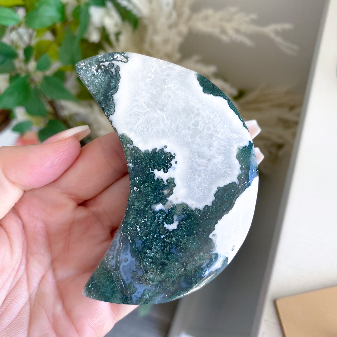 Deep Green Moss Agate Moon on Gold Stand 