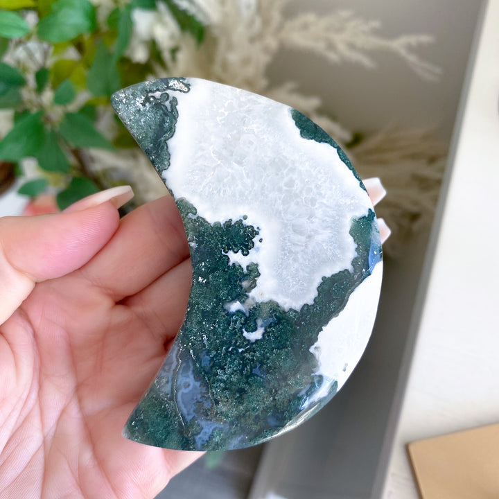 Deep Green Moss Agate Moon on Gold Stand 