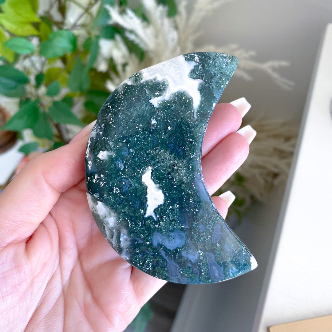 Deep Green Moss Agate Moon on Gold Stand 