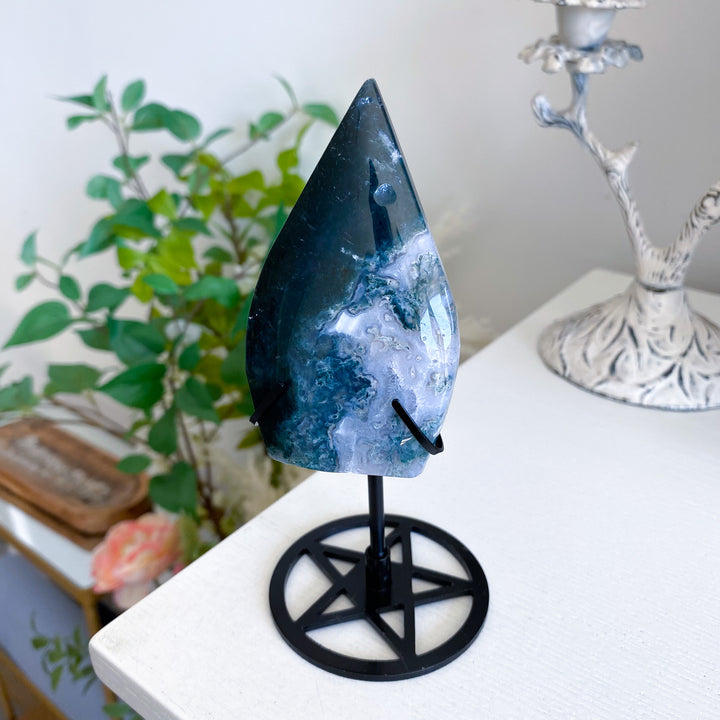 Moss Agate Flame on Pentacle Stand 