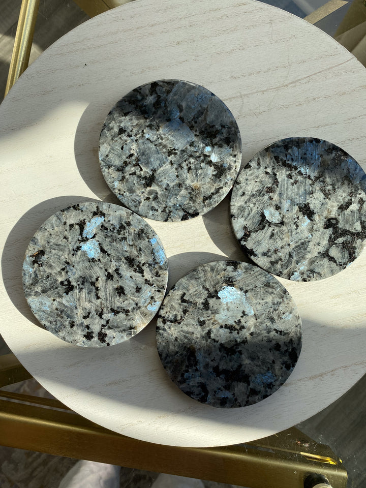 Set: Two Large Flashy Larvikite Coasters