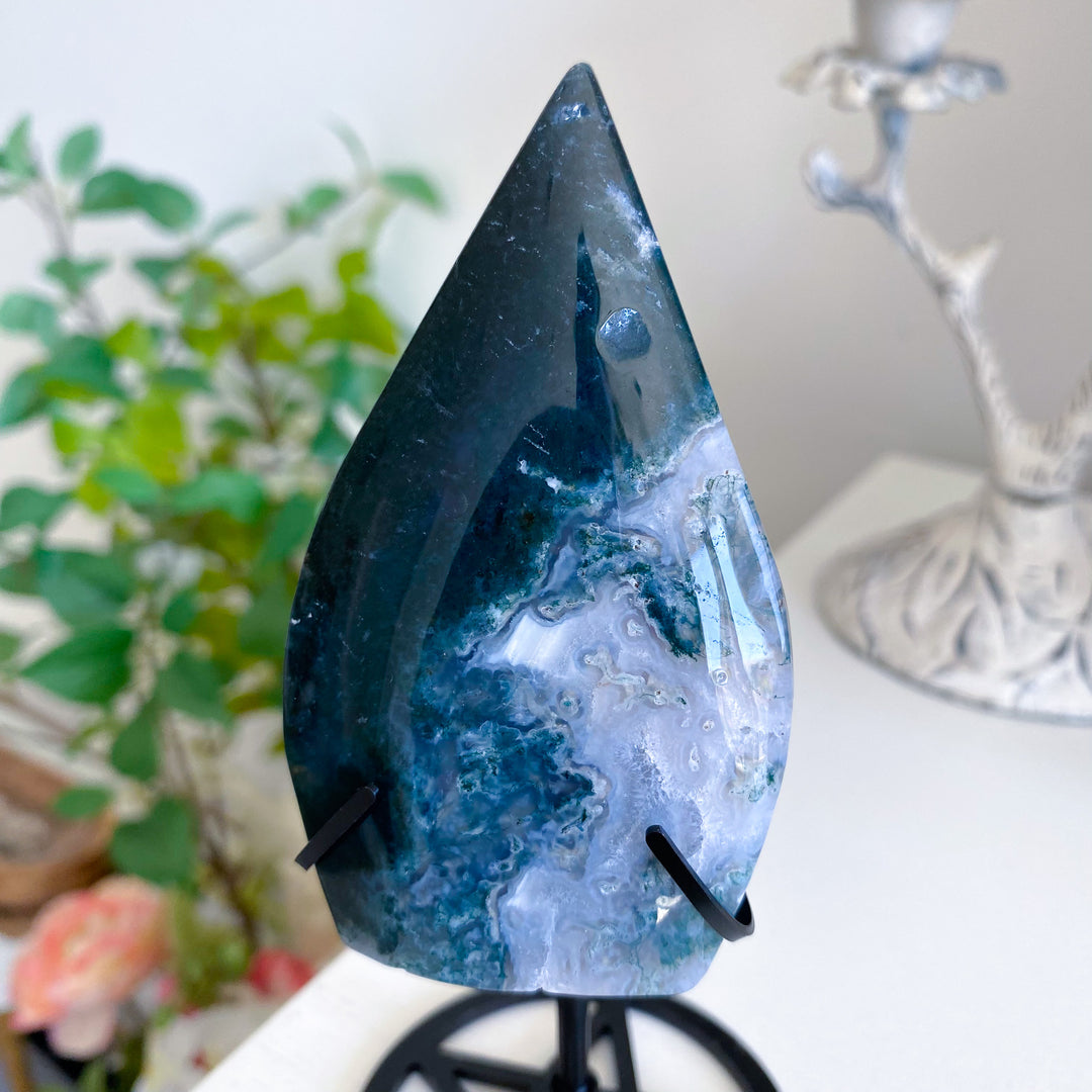 Moss Agate Flame on Pentacle Stand 