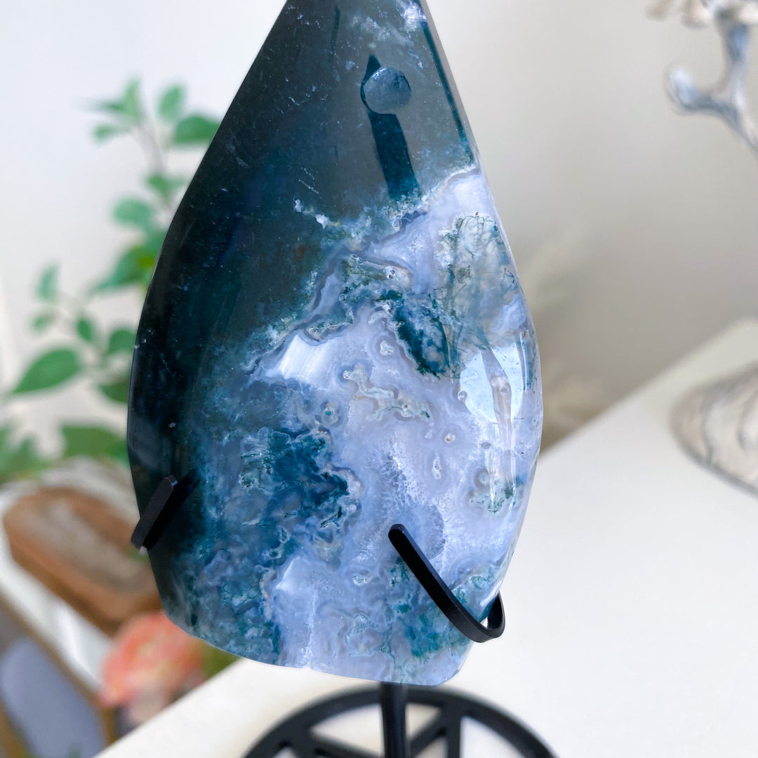 Moss Agate Flame on Pentacle Stand 